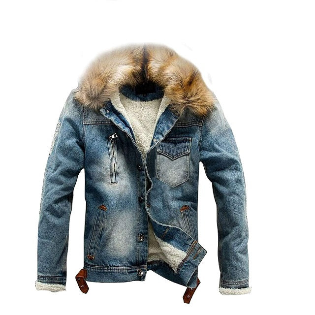 Men's Faux Fur Collar Ripped Denim Trucker Jacket
