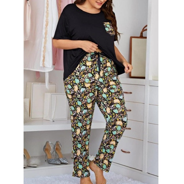 Plus Size Round Neck Tee and Floral Pants Lounge Set