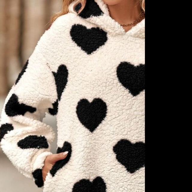 Fuzzy Heart Dropped Shoulder Hooded Sweater