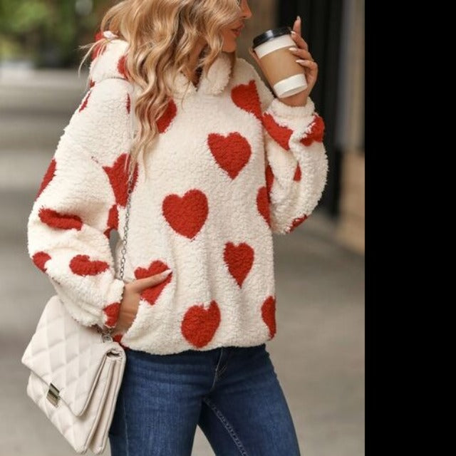 Fuzzy Heart Dropped Shoulder Hooded Sweater