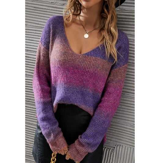 Multicolored Rib-Knit V-Neck Pullover Sweater