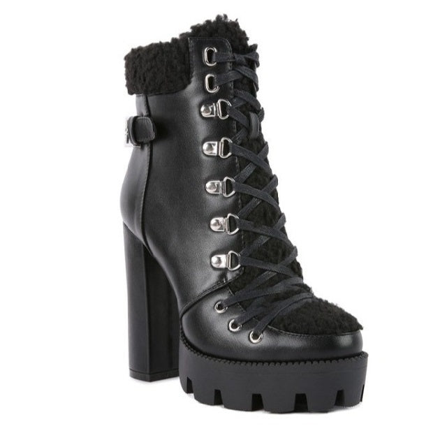 Leather Fur Collared Ankle Boots