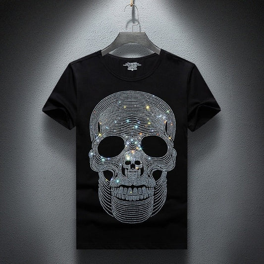 Slim Cotton Rhinestone Skull Face  T-Shirts