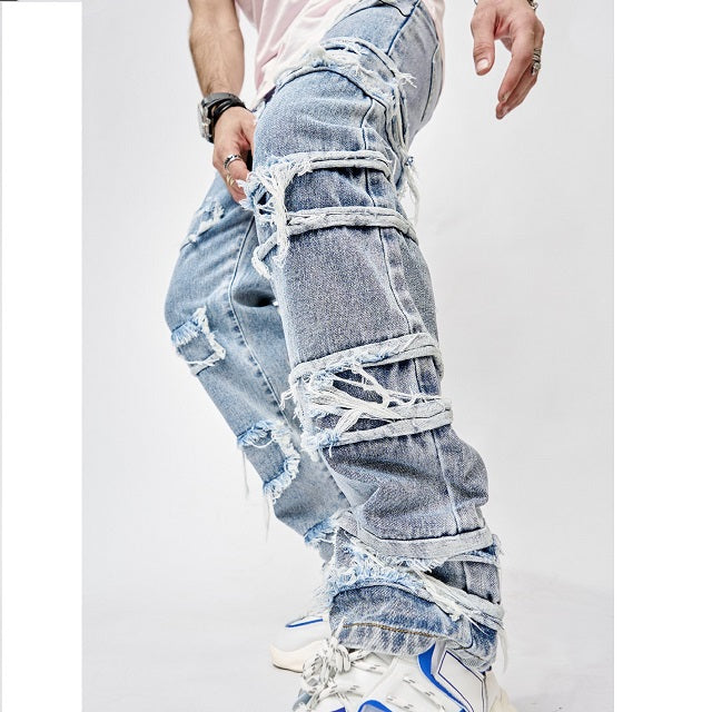 Men Ripped Frayed Straight Leg Jeans