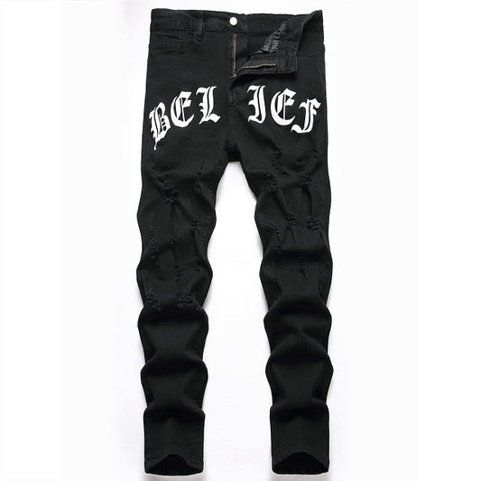 Men's Letter Graphic Ripped Jeans