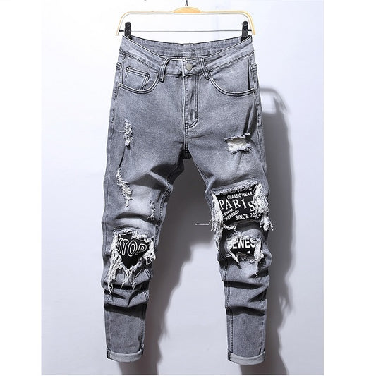Men's Stone Washed Patched Ripped Jeans