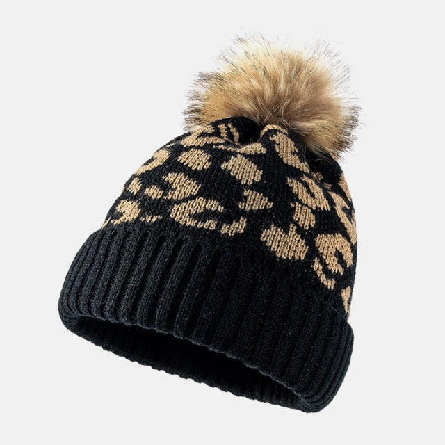 Leopard Pom-Pom Cuffed Beanie Hat