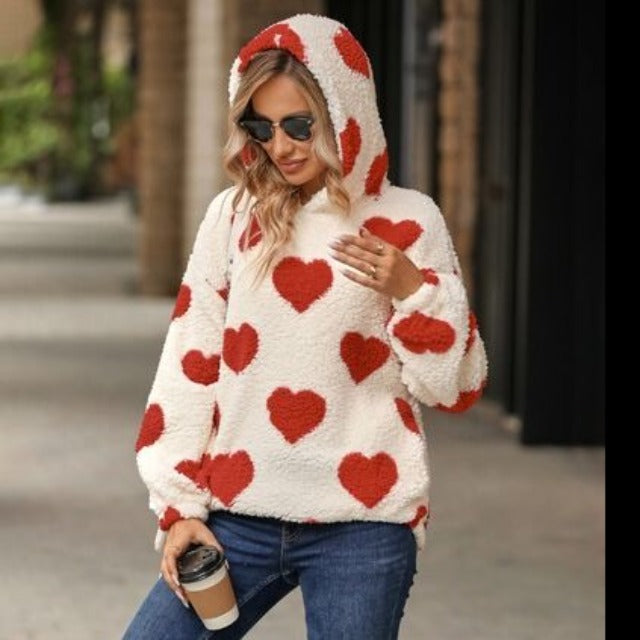 Fuzzy Heart Dropped Shoulder Hooded Sweater