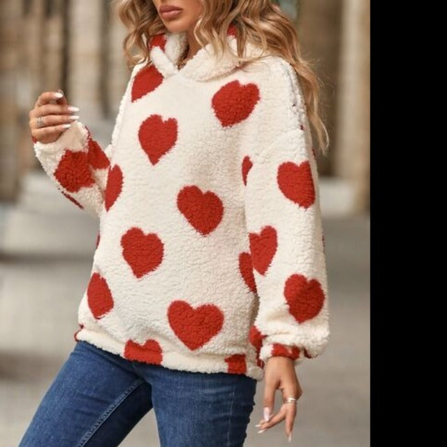 Fuzzy Heart Dropped Shoulder Hooded Sweater