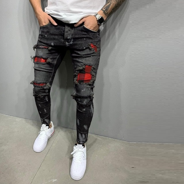 Plaid Patched Ripped Slim fit Jeans