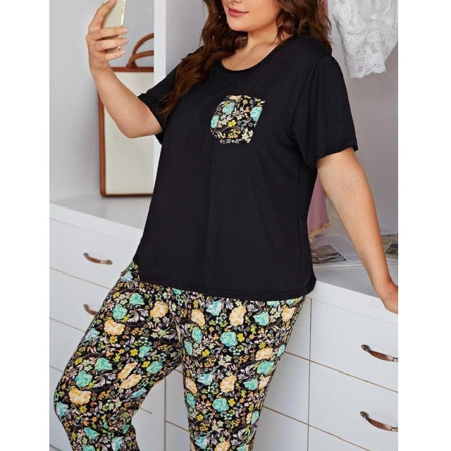 Plus Size Round Neck Tee and Floral Pants Lounge Set