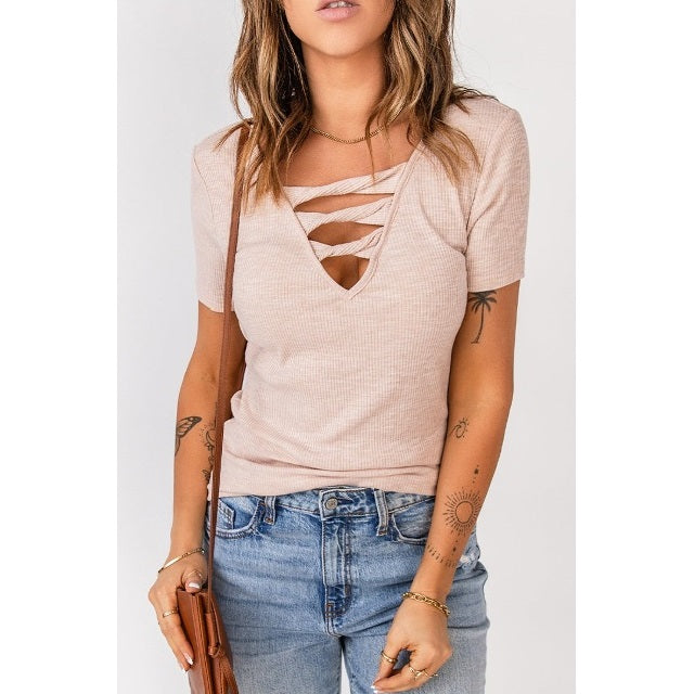 Shredded Ribbed Knit T-Shirt