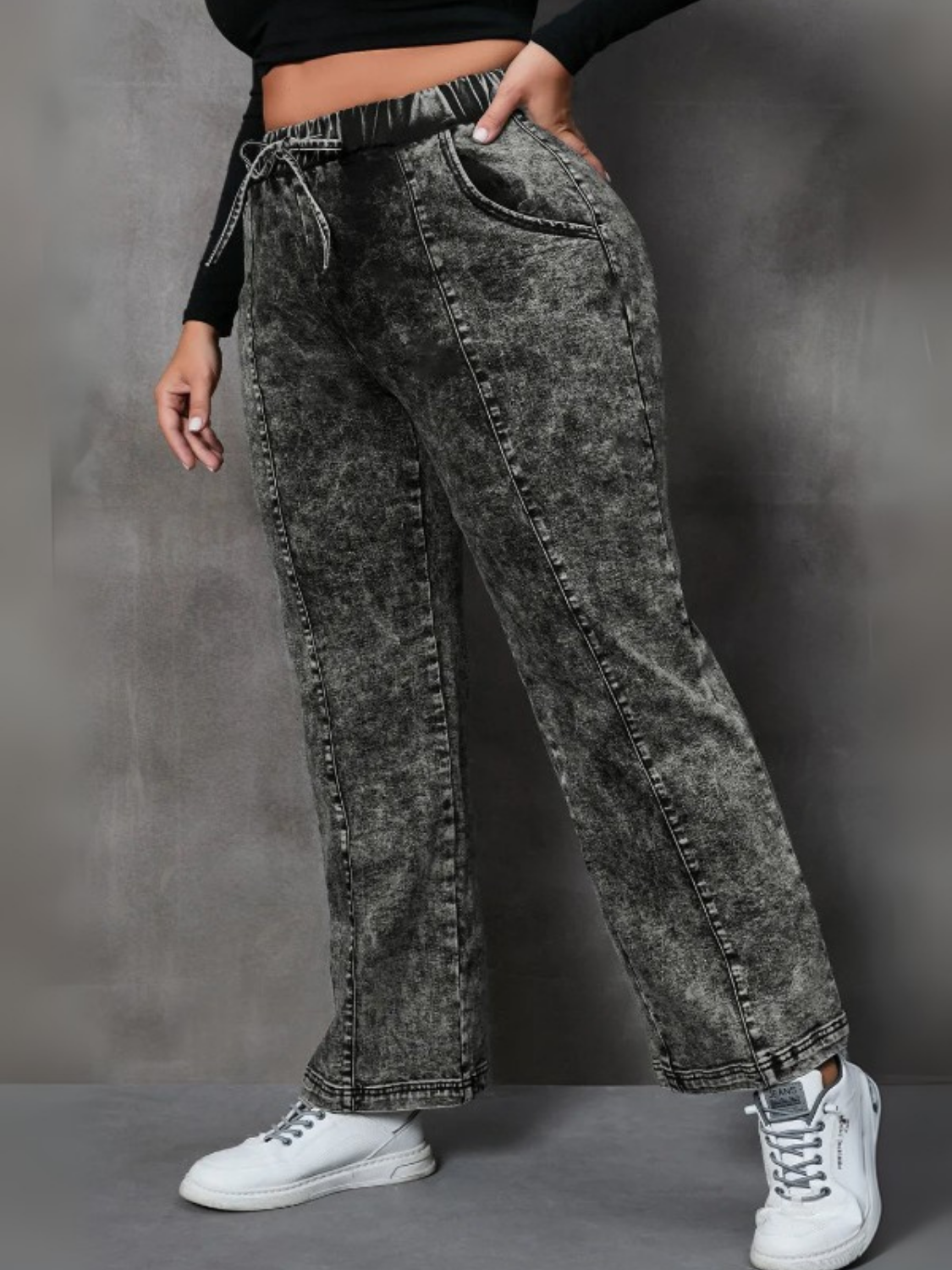 Plus Size Drawstring Pocketed Straight Jeans