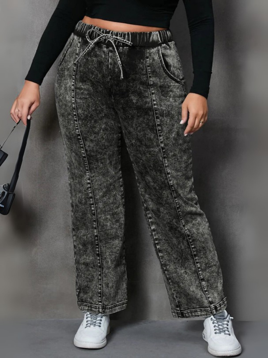 Plus Size Drawstring Pocketed Straight Jeans