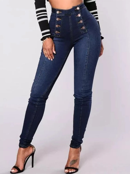 High-Waisted Double-Breasted Skinny Jeans