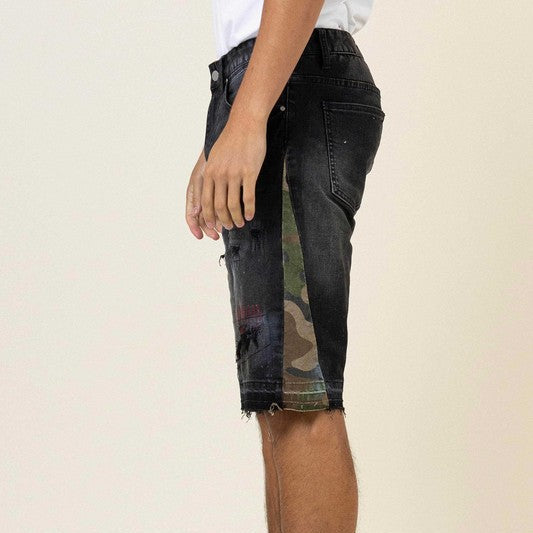 Multi Camo Paneled  Denim Shorts