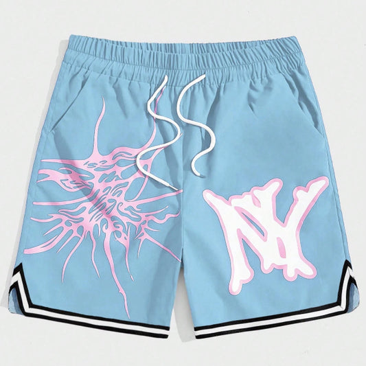 Men's Letter Graphic Contrast Trim Drawstring Waist Basketball Shorts