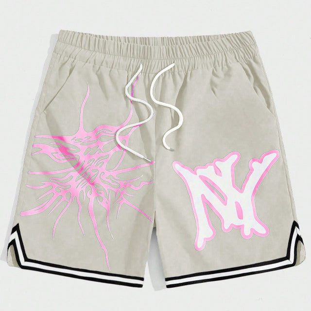 Men's Letter Graphic Contrast Trim Drawstring Waist Basketball Shorts
