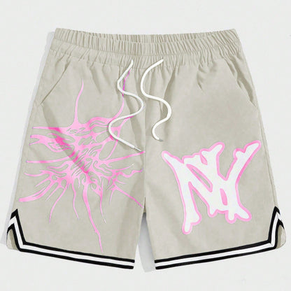 Men's Letter Graphic Contrast Trim Drawstring Waist Basketball Shorts