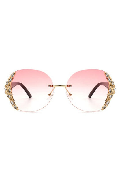 Round Rimless Rhinestone Oversize Sunglasses