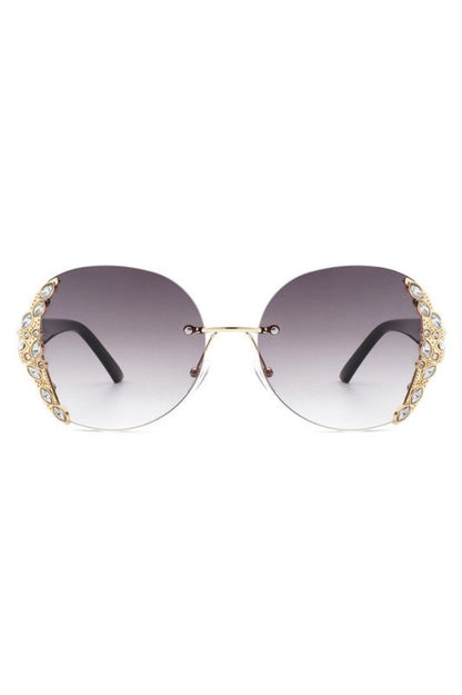 Round Rimless Rhinestone Oversize Sunglasses