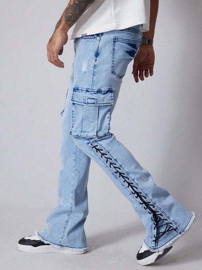 Men's Cargo Pocket Eyelet Lace-Up Casual Jeans