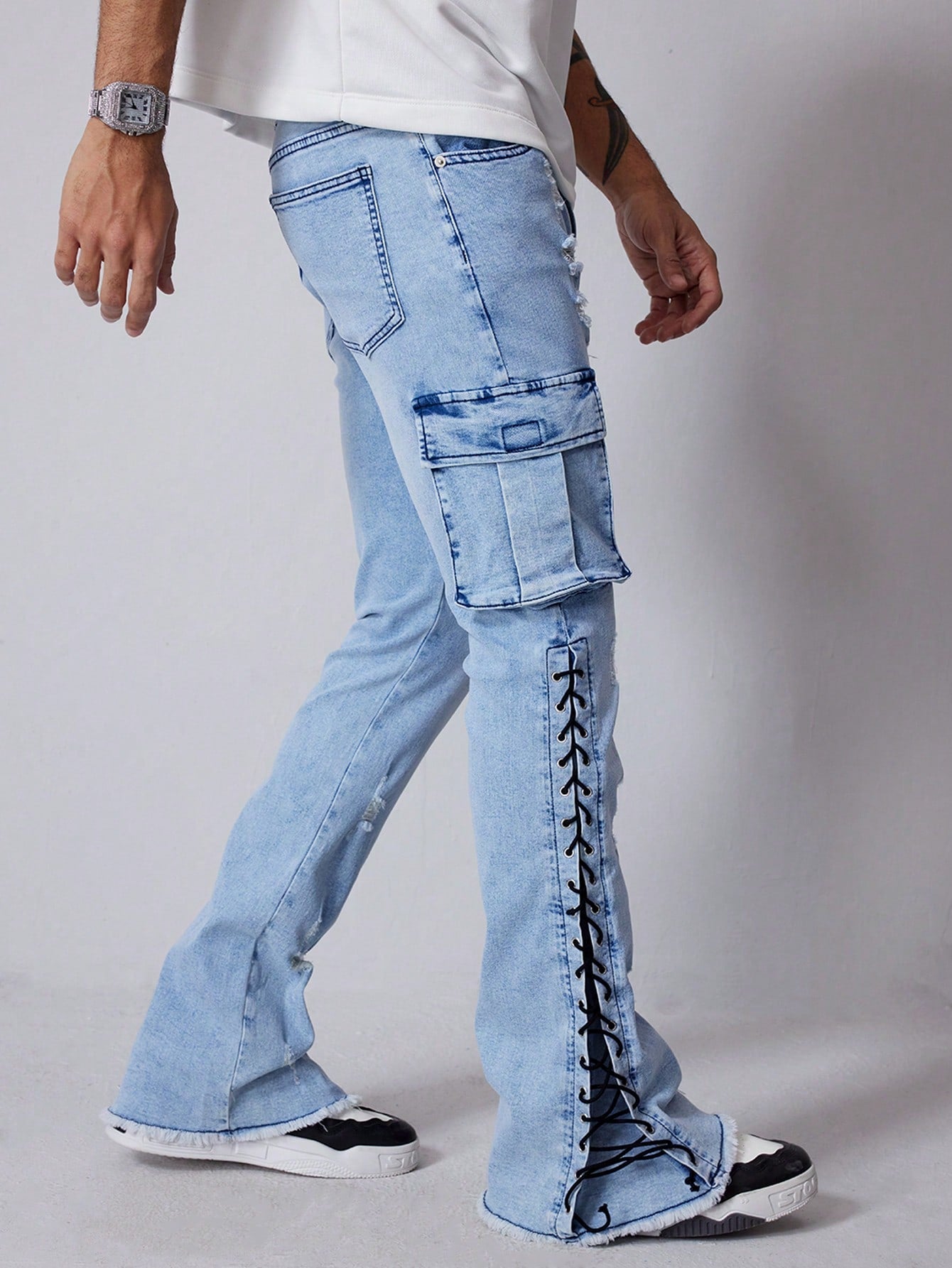 Men's Cargo Pocket Eyelet Lace-Up Casual Jeans