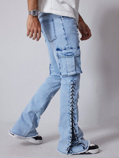 Men's Cargo Pocket Eyelet Lace-Up Casual Jeans