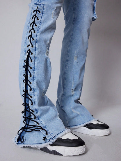 Men's Cargo Pocket Eyelet Lace-Up Casual Jeans