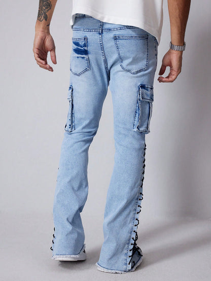Men's Cargo Pocket Eyelet Lace-Up Casual Jeans