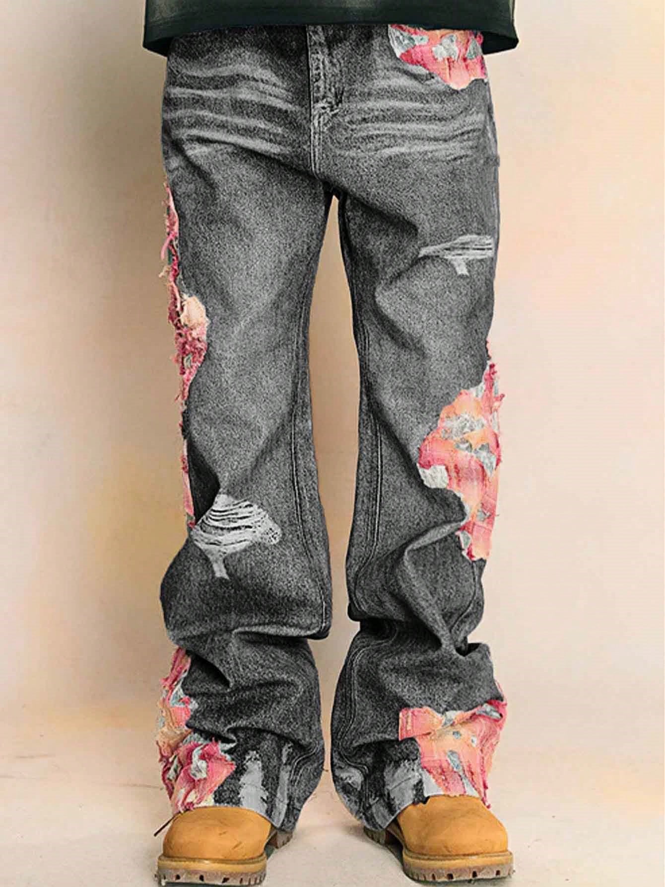 Men's Floral Embroidery Relaxed Fit Jeans