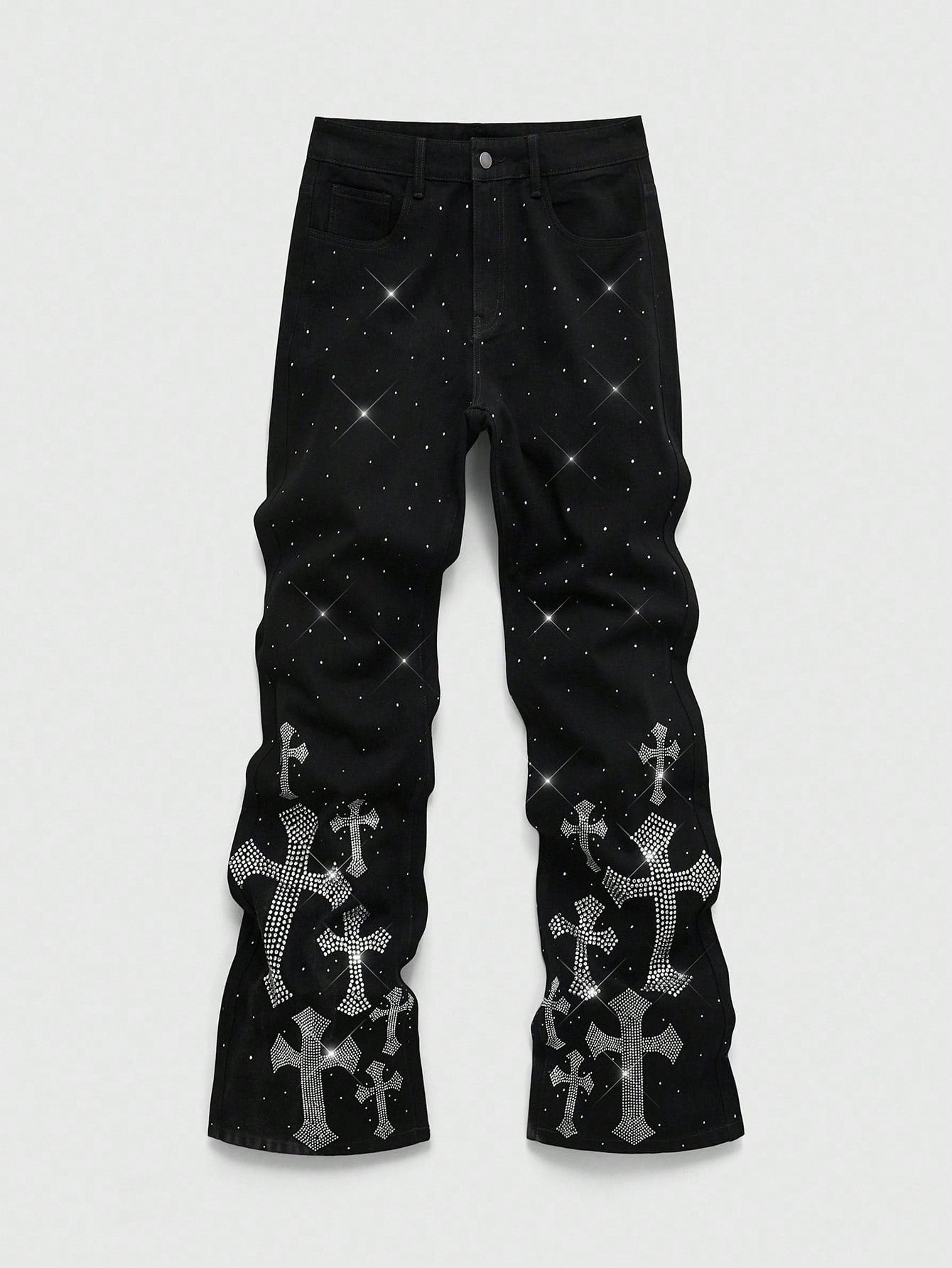 Men's Rhinestone Cross Graphic Slant Pocket Denim Jeans