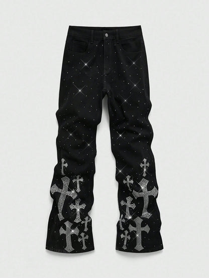Men's Rhinestone Cross Graphic Slant Pocket Denim Jeans