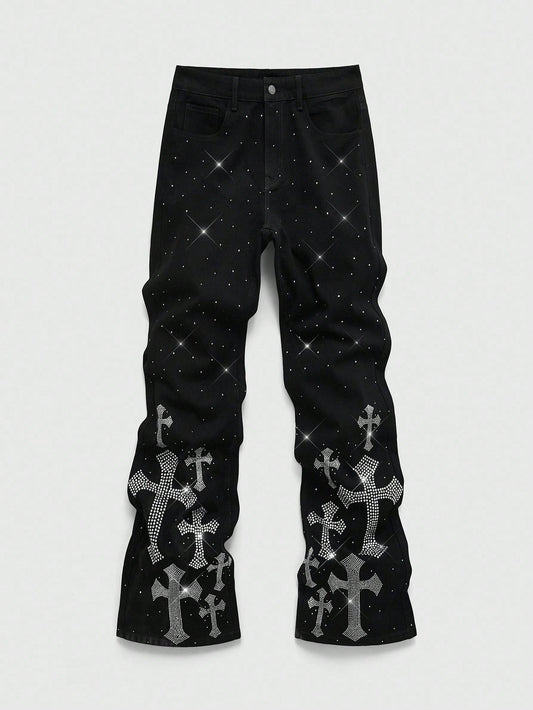 Men's Rhinestone Cross Graphic Slant Pocket Denim Jeans