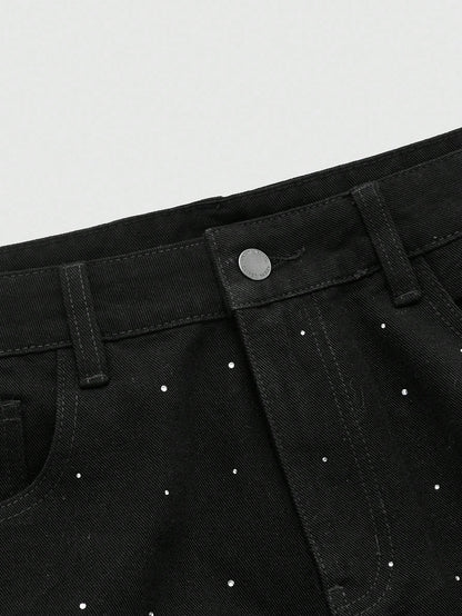 Men's Rhinestone Cross Graphic Slant Pocket Denim Jeans