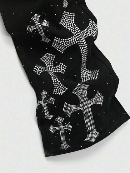 Men's Rhinestone Cross Graphic Slant Pocket Denim Jeans