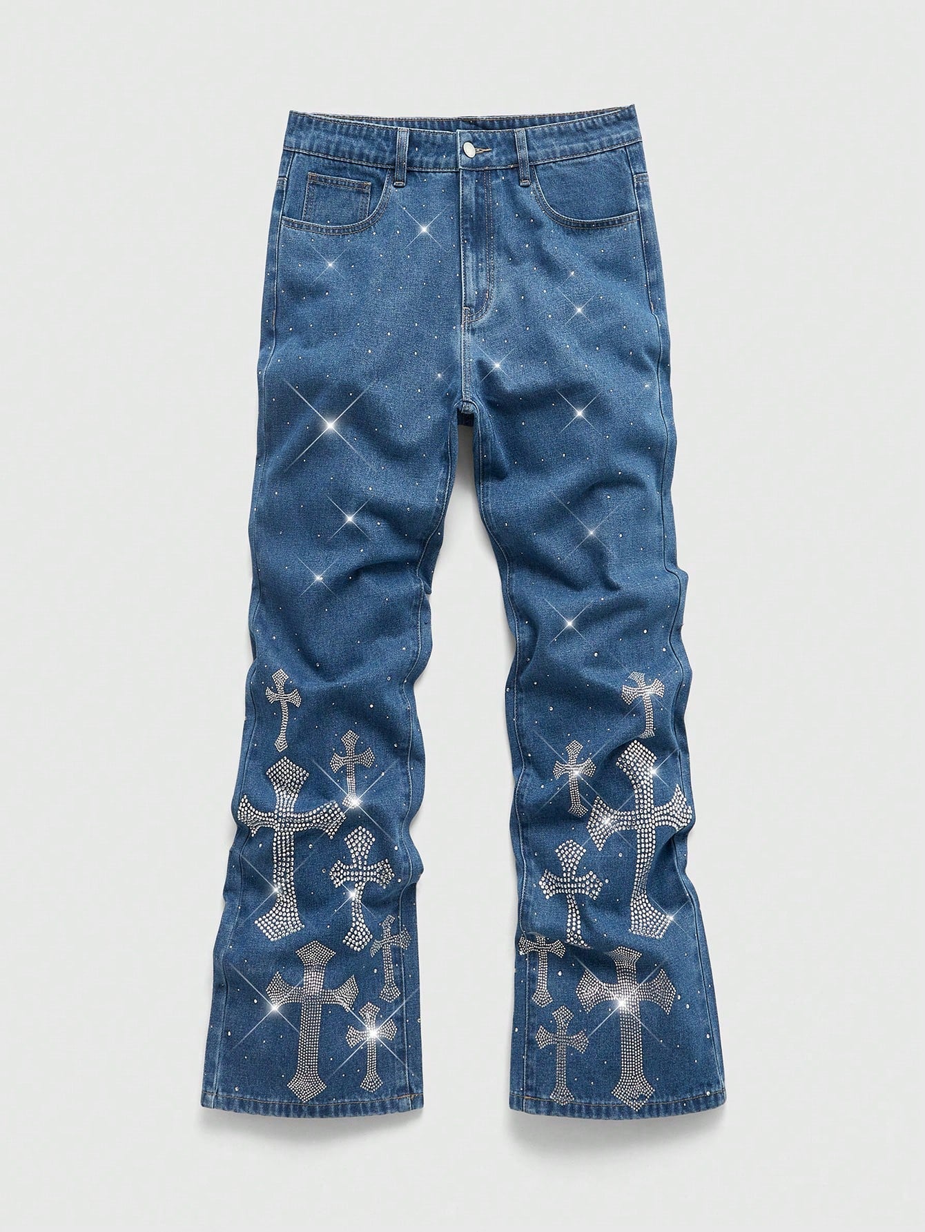 Men's Rhinestone Cross Graphic Slant Pocket Denim Jeans