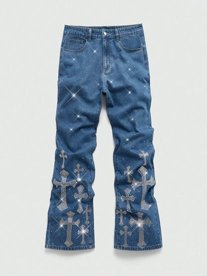 Men's Rhinestone Cross Graphic Slant Pocket Denim Jeans