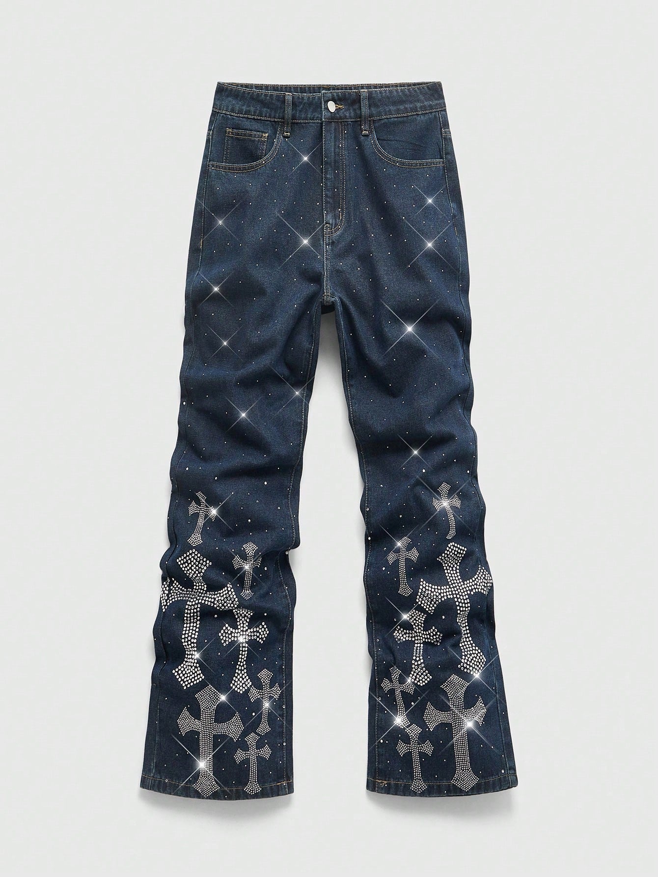 Men's Rhinestone Cross Graphic Slant Pocket Denim Jeans