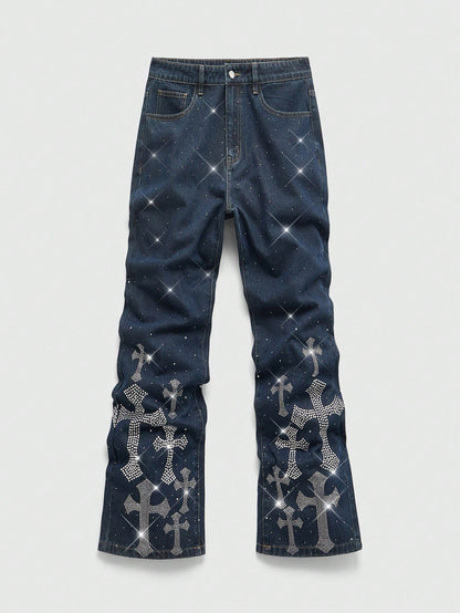 Men's Rhinestone Cross Graphic Slant Pocket Denim Jeans