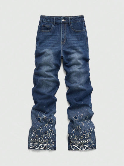 Men's Rhinestone Cross Graphic Slant Pocket Denim Jeans