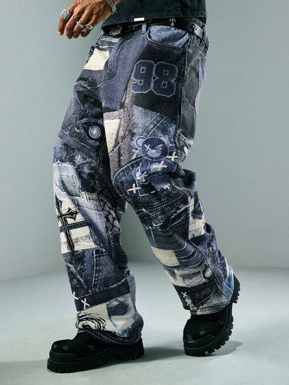 Men's Rhinestone Cross Graphic Slant Pocket Denim Jeans