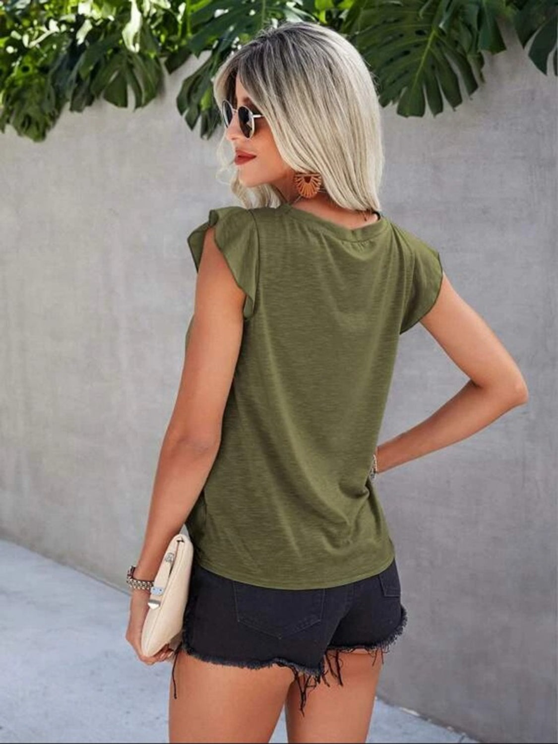 Ruffled Round Neck Cap Sleeve Top