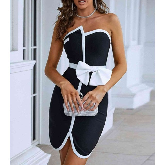 Strapless White Trim Bow Detail Mini Dress