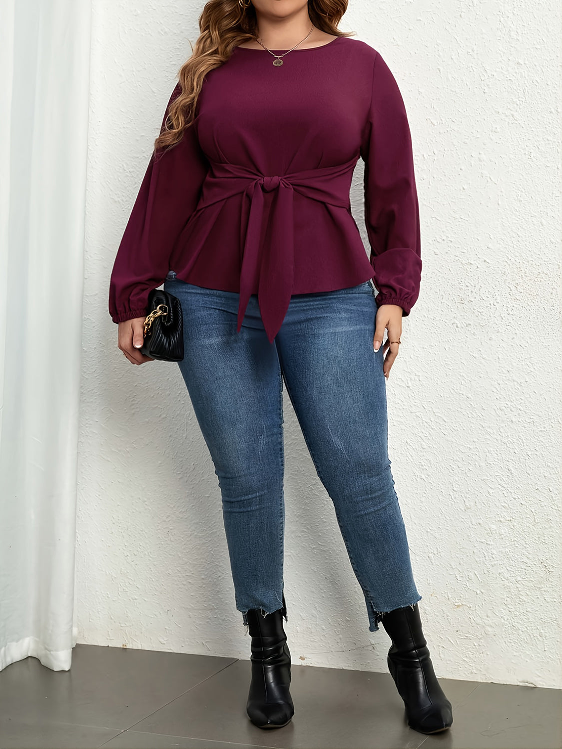 Plus Size Bust Tie Long Sleeve Blouse