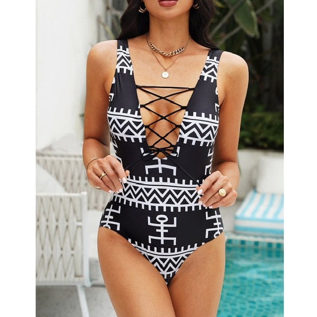 Geometric Lace-Up One-Piece Swimsuit