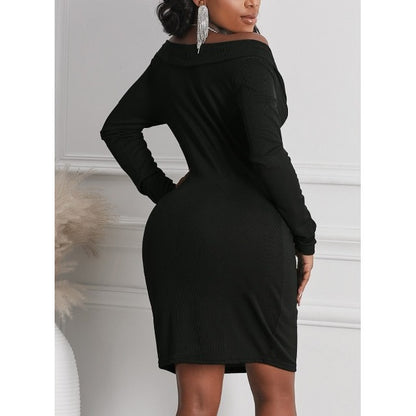 Long Sleeve Plunge Ribbed Bodycon Dress