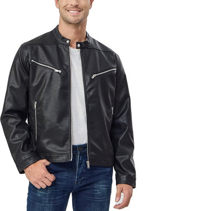 Men's Faux Leather Motorcycle Stand Collar Slim Fit Biker Coat