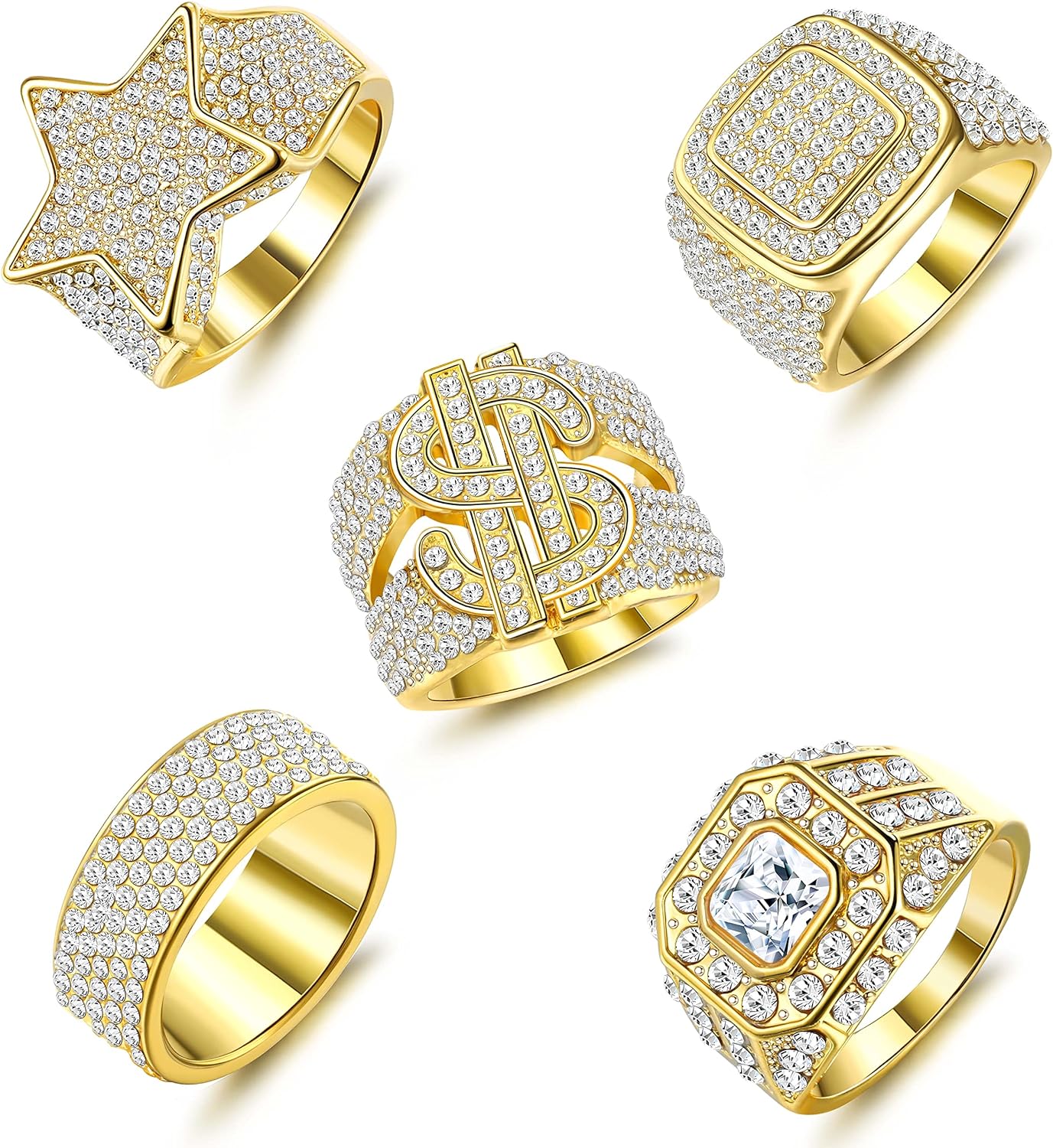 5Pcs 18K Gold Plated Simulated Diamond Iced Out Rings