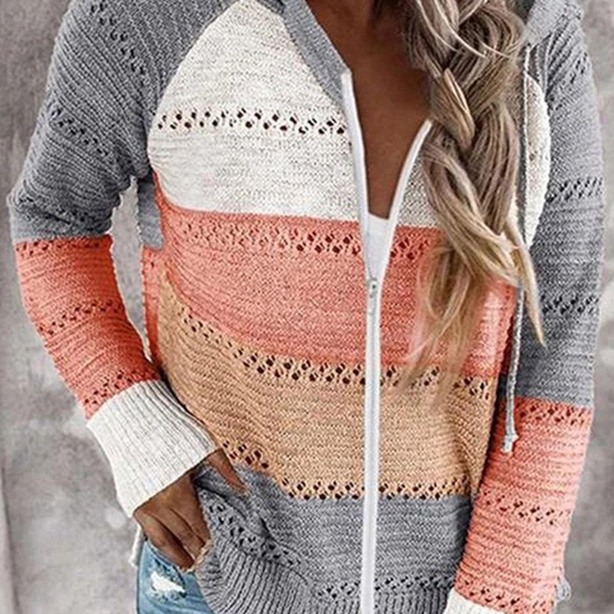 Color Block Drawstring Hooded Sweater